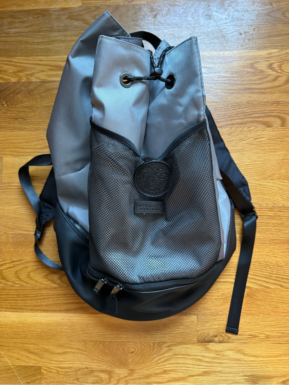 Versace Grey & Black Mesh-Front Drawstring Backpack